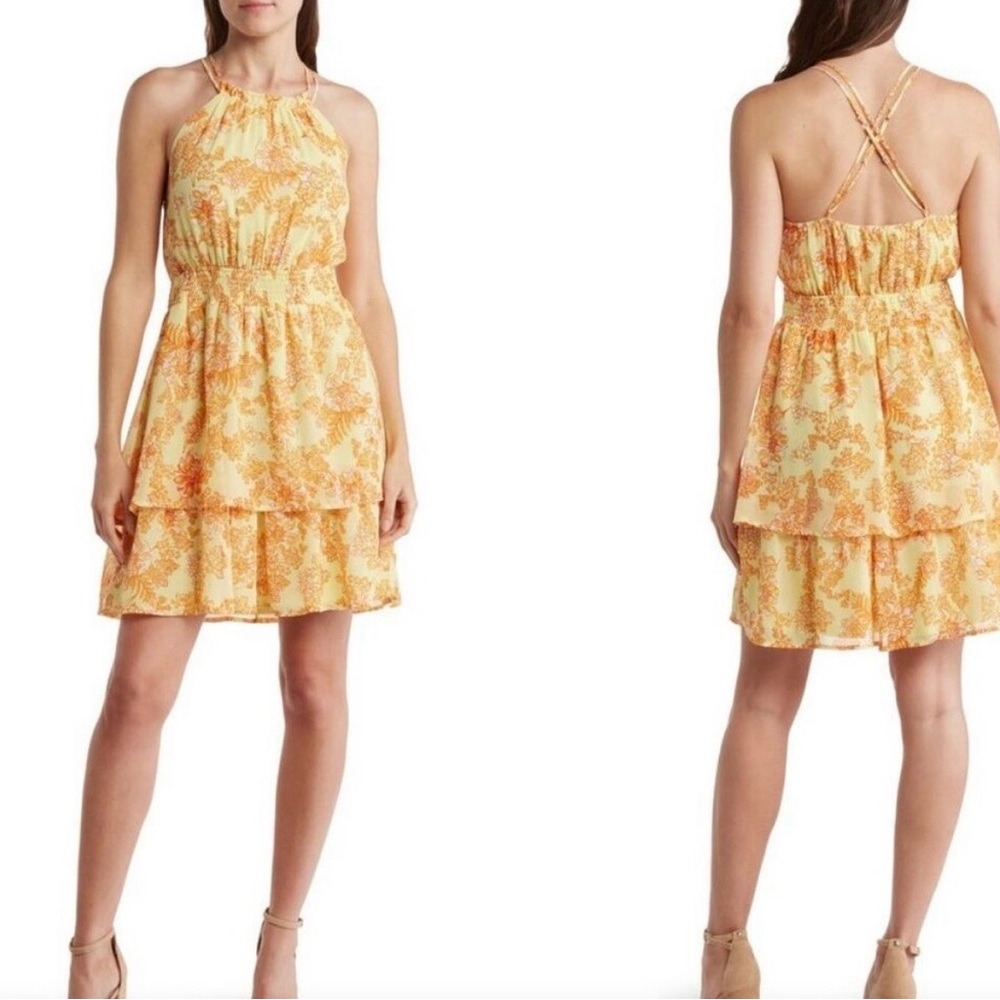 Collective Concept Smoked waist halter neck summer floral print dress size M